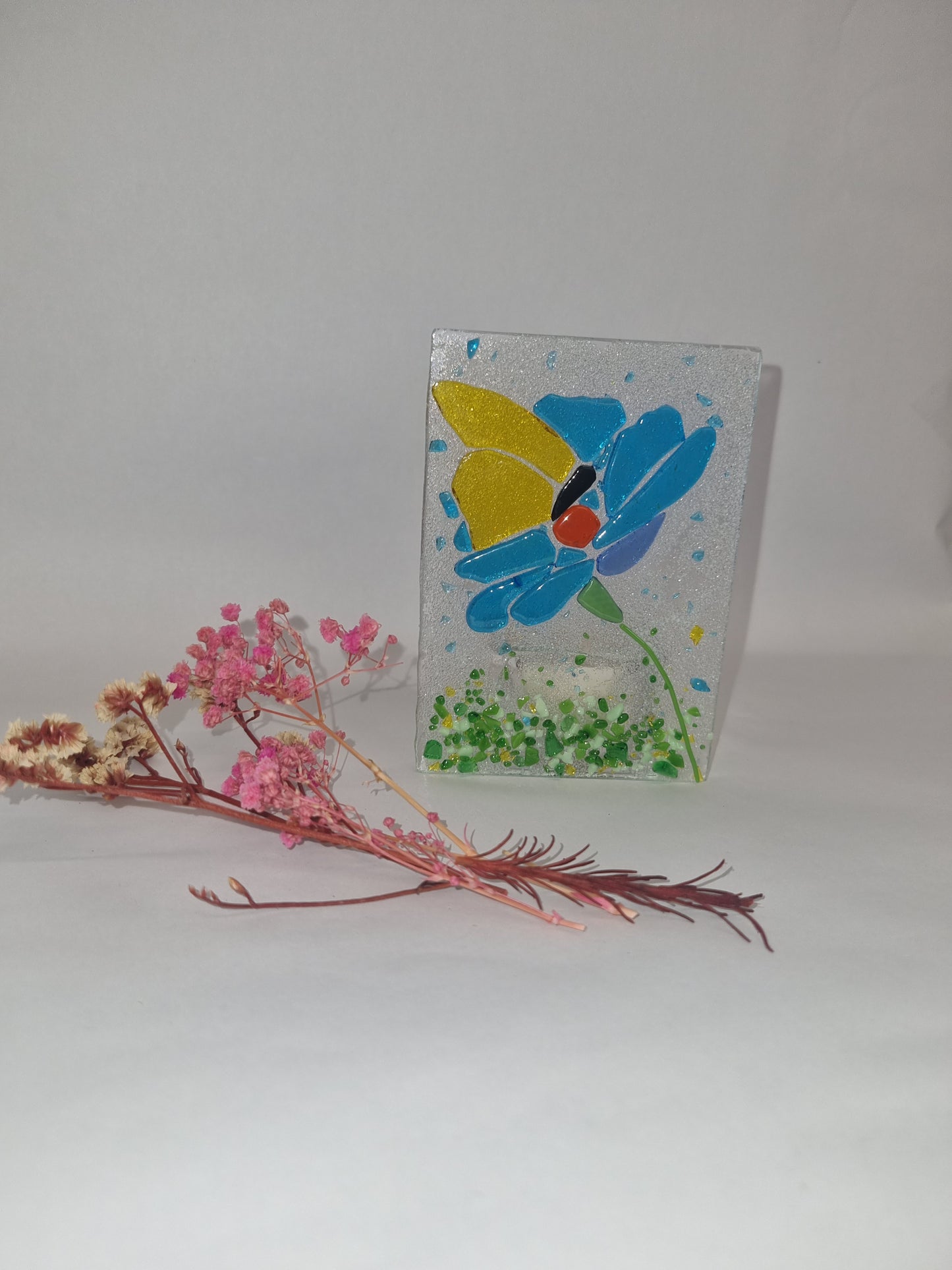 'Butterfly dreams' fused glass mini candle.