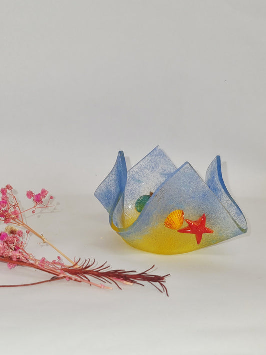 'Day at the beach' fused glass tealight holder.