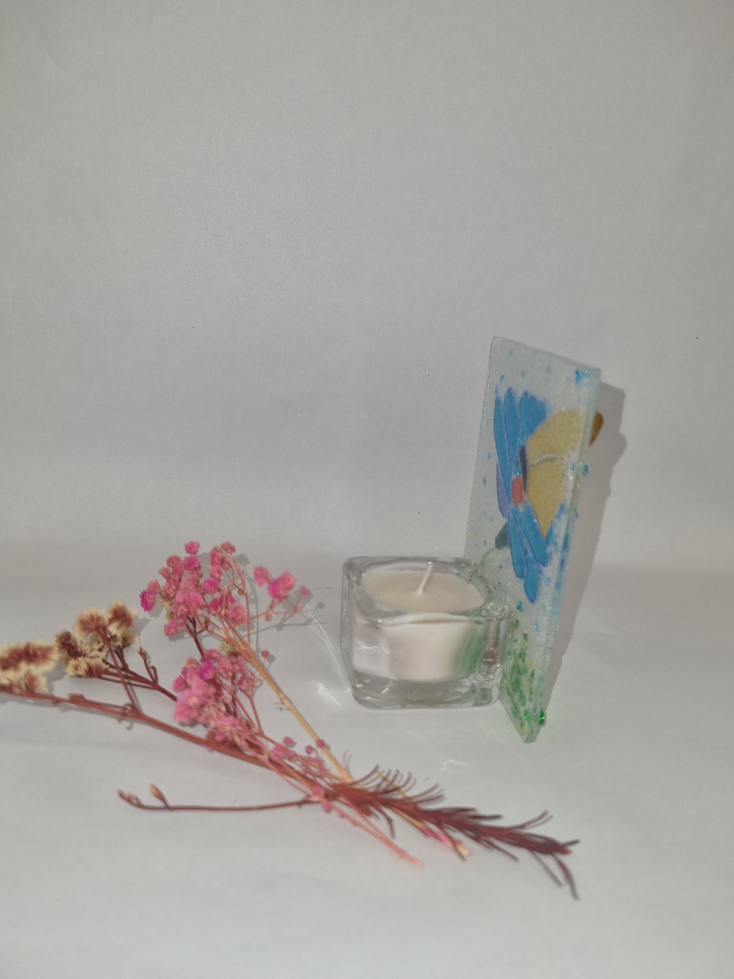 'Butterfly dreams' fused glass mini candle.