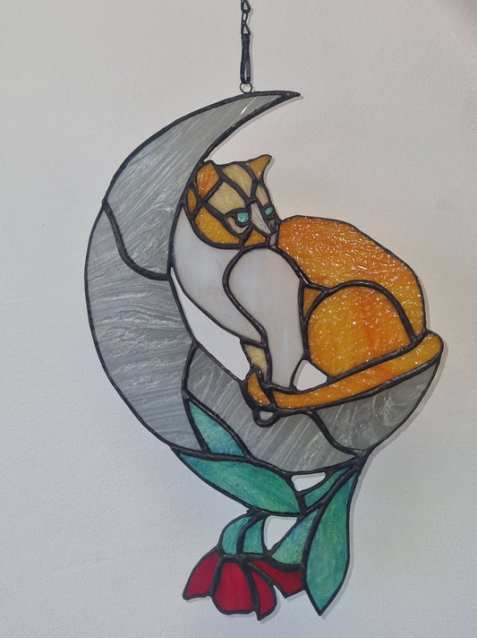 'Cat in the moon' stained glass suncatcher.