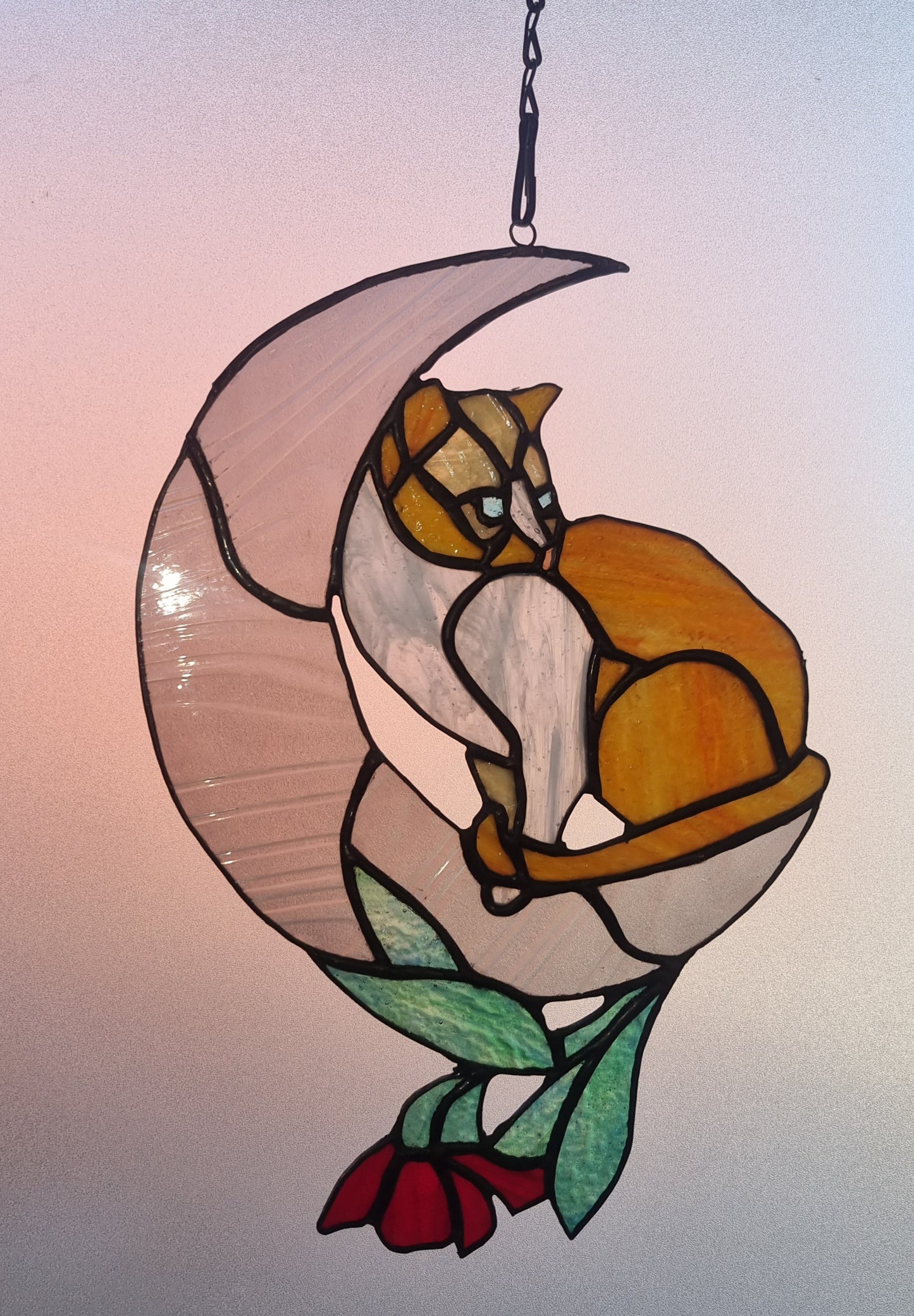'Cat in the moon' stained glass suncatcher.