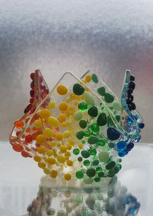 'Rainbow confetti' fused glass tealight holder.