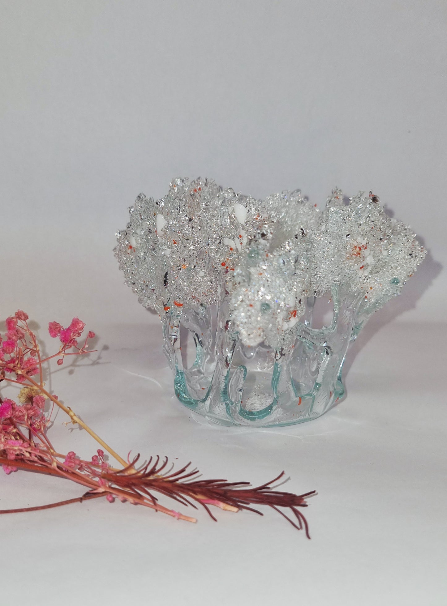 'Winter trees' fused glass tealight holder.