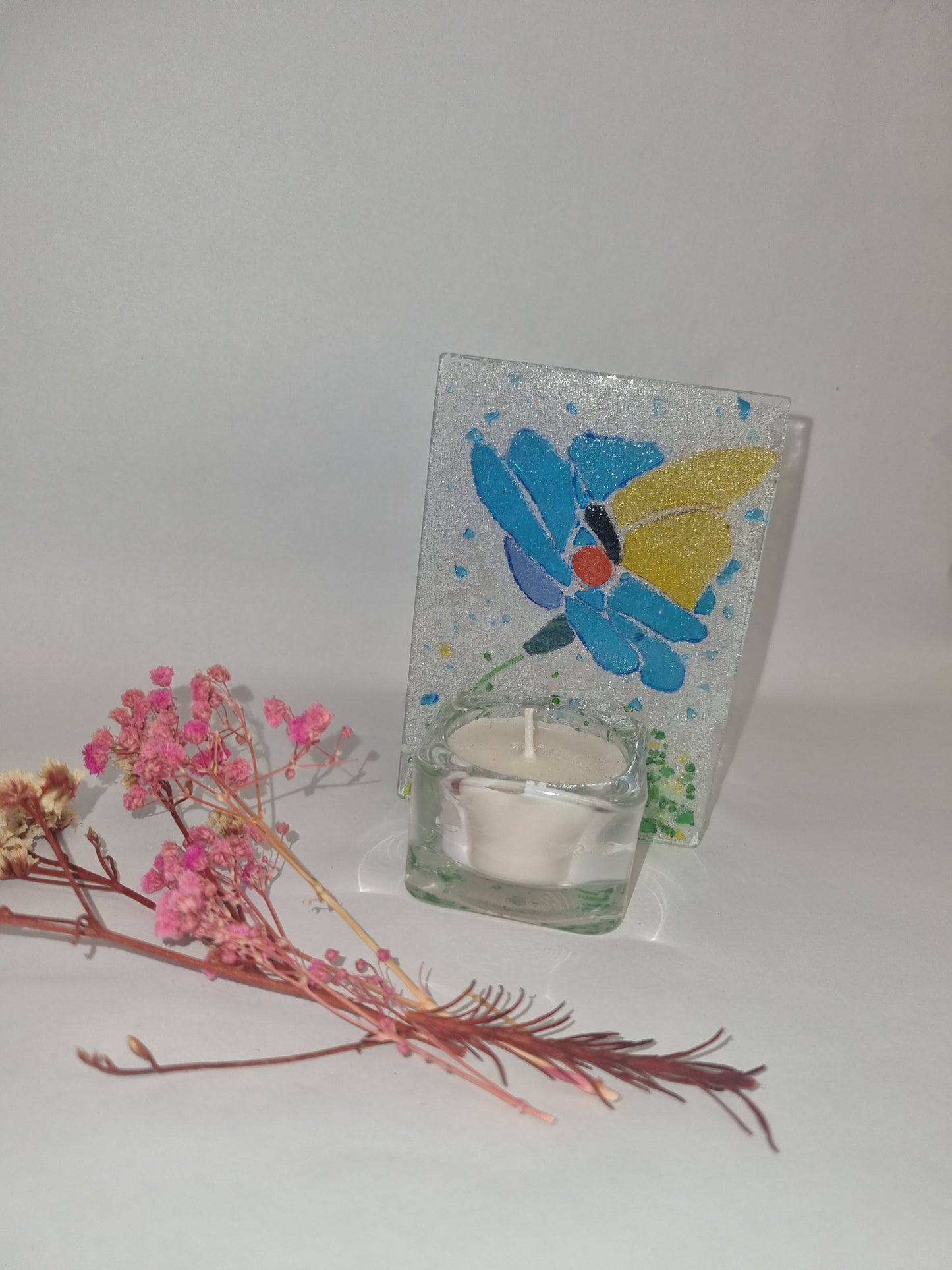 'Butterfly dreams' fused glass mini candle.