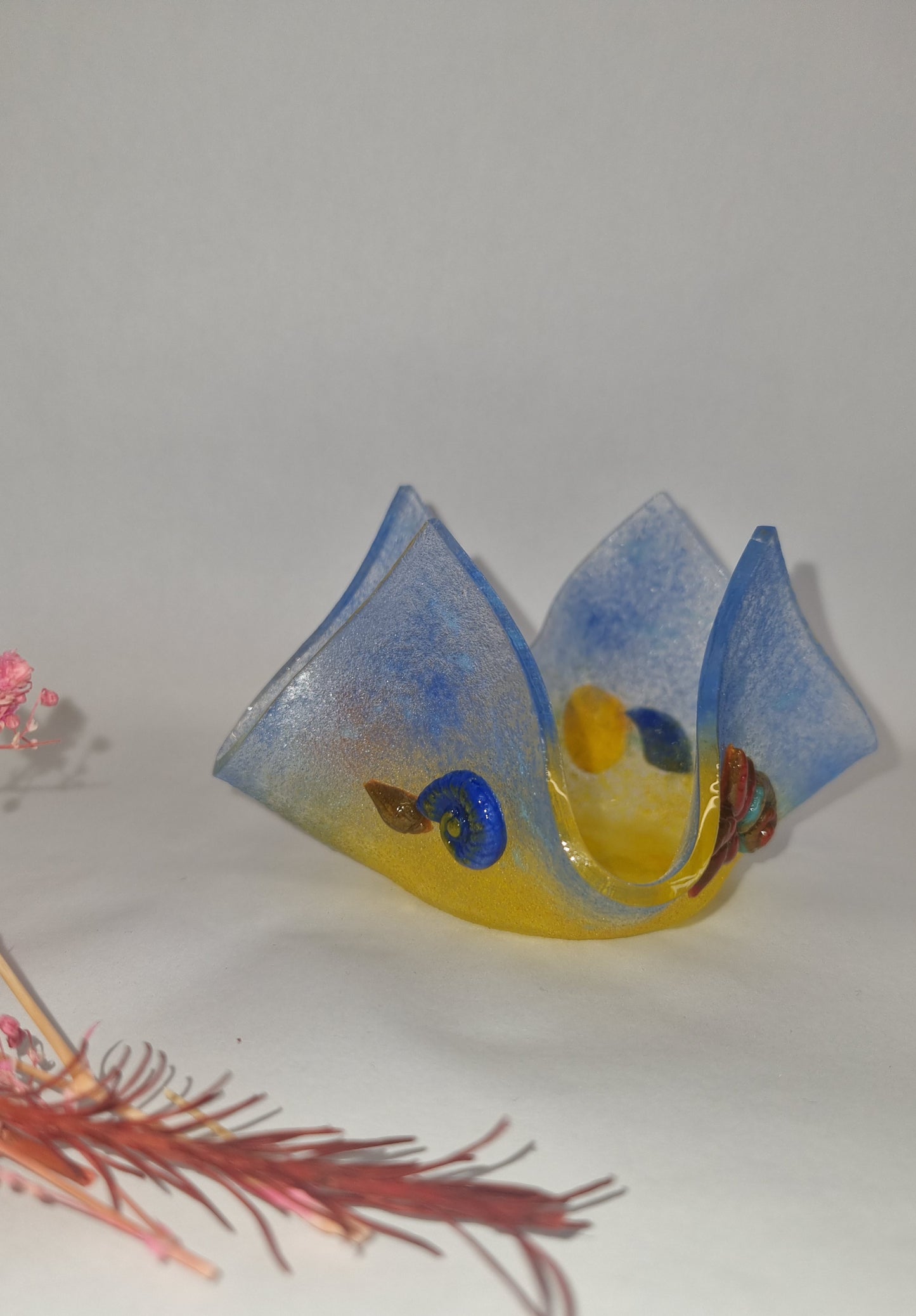 'Day at the beach' fused glass tealight holder.